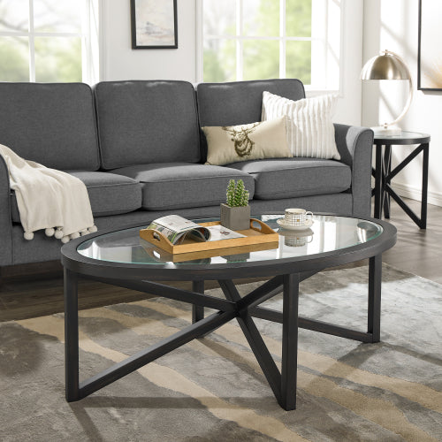 46.5 Inch Round Tempered Glass Coffee Table, Solid Wood Base Anti-Scratch Accent Table for Living Room & Terrace