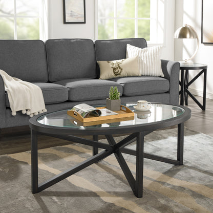 46.5 Inch Round Tempered Glass Coffee Table, Solid Wood Base Anti-Scratch Accent Table for Living Room & Terrace
