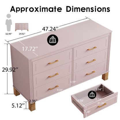 Pink 6-Drawer Solid Wood Frame Modern Bedroom Storage Dresser