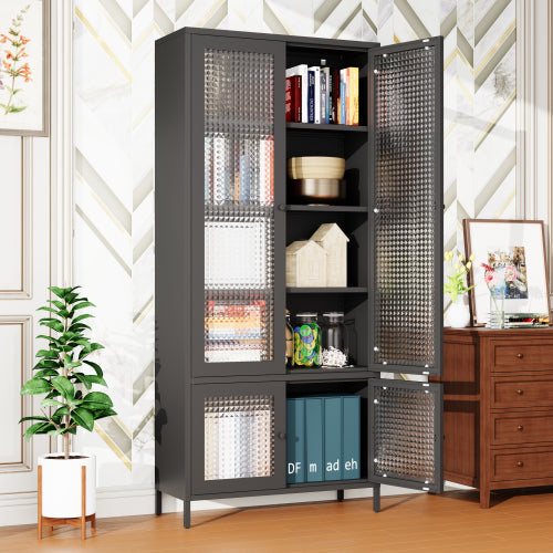 Black Waffle Tempered Glass Door Metal Display Cabinet Multi-layer Home Storage Rack