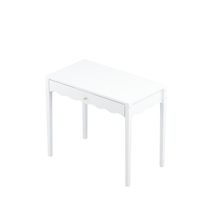 White 35.43inch  Vanity Desk with Drawer ¨C Modern Makeup Table with Scalloped Front & Gold Knob, Compact Writing Desk with 4 Sturdy Legs for Bedroom, Small Home Office & Apartment Spaces