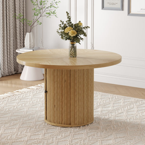 47.2 Inch Wood Grain Round Dining Table, Roman Column Pedestal Table with Double-Layer Storage for Home Dining Room