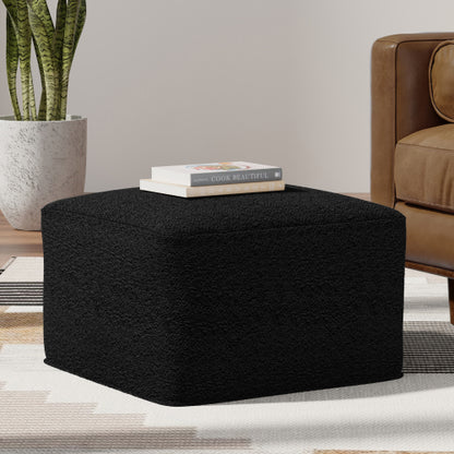 24 Inch Square Black Boucle Ottoman Pouf Footrest Accent Stool