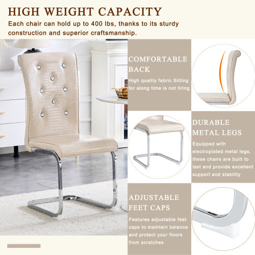 Set of 2 Retro Alligator Skin PVC Dining Chairs, Crystal Buckle Chairs with Electroplated Metal Bow Legs