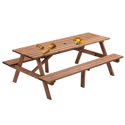 8 Person Brown Wooden Picnic Table, Outdoor Camping Dining Table with 2 Seats, Garden, DIY with 2 Built-in Benches, 2220lb Capacity