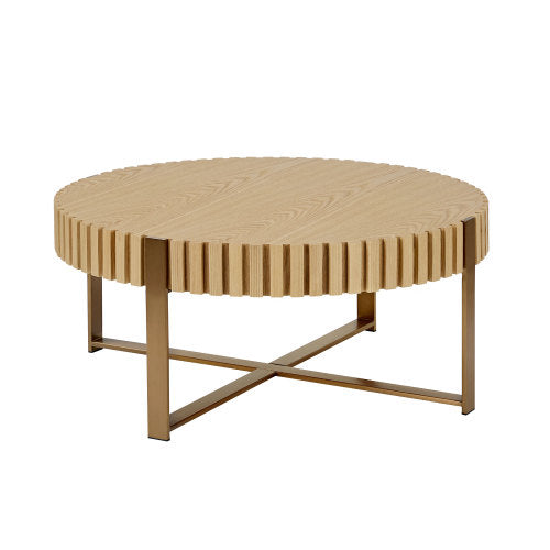 31.5inch  Round Drum Coffee Table MDF Metal Pedestal Base Modern Natural Ash Accent Table