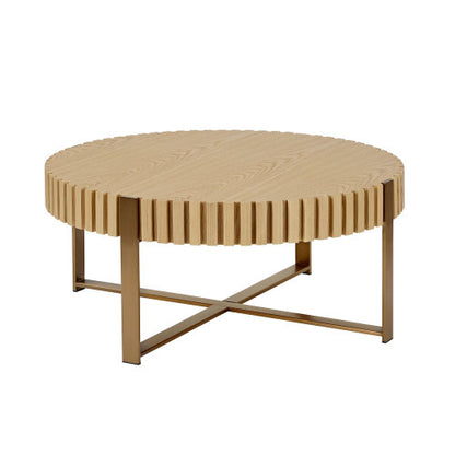 31.5inch  Round Drum Coffee Table MDF Metal Pedestal Base Modern Natural Ash Accent Table
