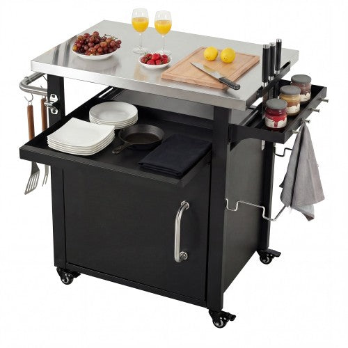 39.5 inch Outdoor Grill Cart with Storage Cabinet, Outdoor Bar Cart Pizza Oven Table with Wheels, Stainless Steel Top, Outdoor Kitchen Island with Spice & Paper Rack for BBQ, Waterproof Cover Included
