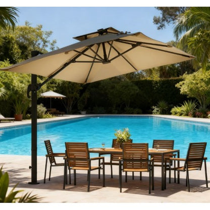 Outdoor Umbrellas,Offset Hanging Umbrella,Solar LED Cantilever Umbrella,with 360°Rotation,Cross Base,Ribs,Tilt and Crank