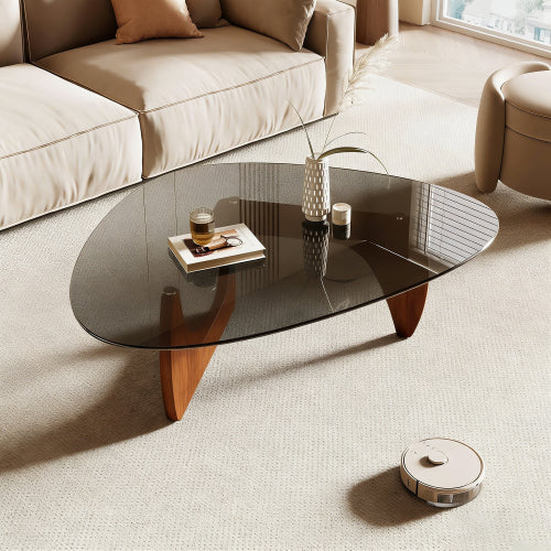 35.8 Inch Mid Century Glass Coffee Table, Walnut Base Modern Accent Table for Living Room Bedroom & Office