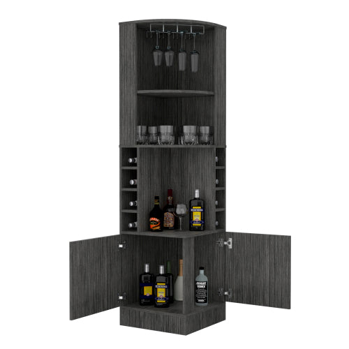 Corner Bar Cabinet, Eight Bottle Cubbies, Double Door, Two Open Shelves -Smokey Oak