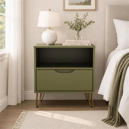 Olive Green Nightstand with Drawer & Metal Legs