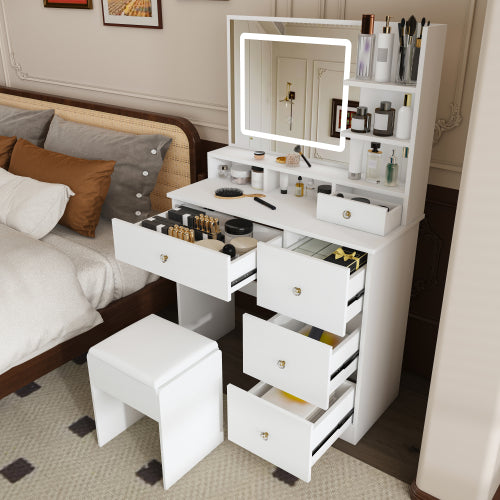 Fashion Vanity Desk w/ 3-Color Dimmable LED Mirror, 4 Silent Sliding Drawers, Open Storage Shelf, White