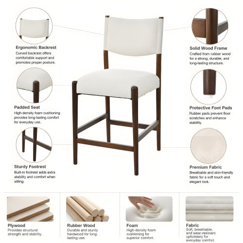 Set of 2 Walnut Beige 26.4inch  Counter Height Rubber Wood Bar Stools, Linen Upholstered Kitchen Island Chairs