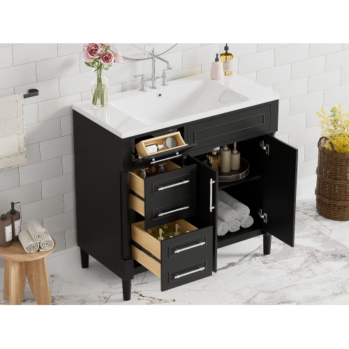 36'' Bathroom Vanity with Top Resin Sink, Freestanding Bathroom Storage Cabinet with 2 Drawers and a Tip-out Drawer, Solid Wood Frame Vanity Set, Height Adjustable Shelf