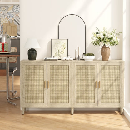70 Inch Natural Rattan 4-Door Sideboard Adjustable Shelf Storage Cabinet With Solid Wood Legs Easy Assembly