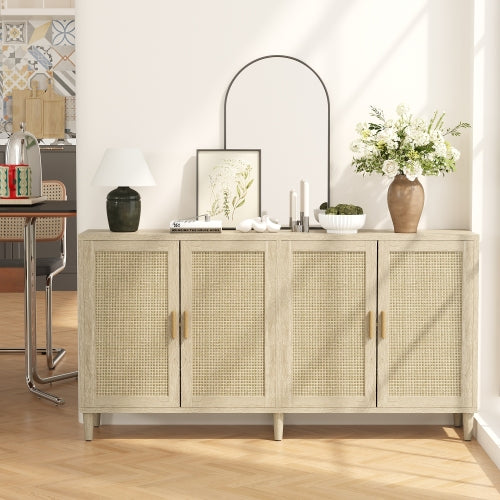 70 Inch Natural Rattan 4-Door Sideboard Adjustable Shelf Storage Cabinet With Solid Wood Legs Easy Assembly