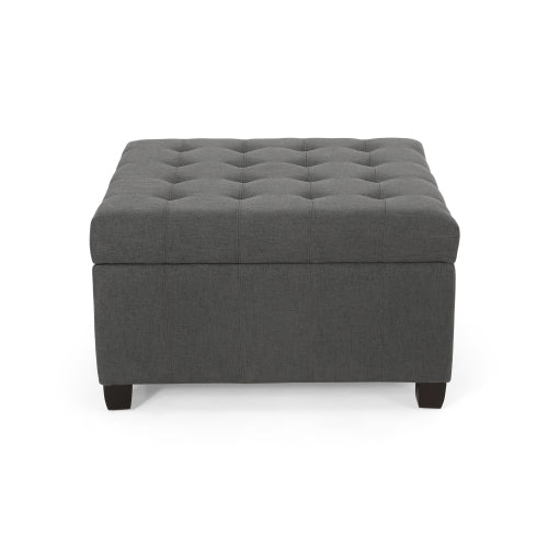Dark Gray Fabric Tufted Storage Ottoman with Birch Wood Legs