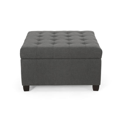 Dark Gray Fabric Tufted Storage Ottoman with Birch Wood Legs