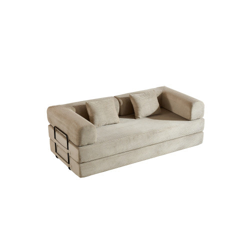 Beige Corduroy Convertible Sleeper Sofa Bed with Cylindrical Pillow