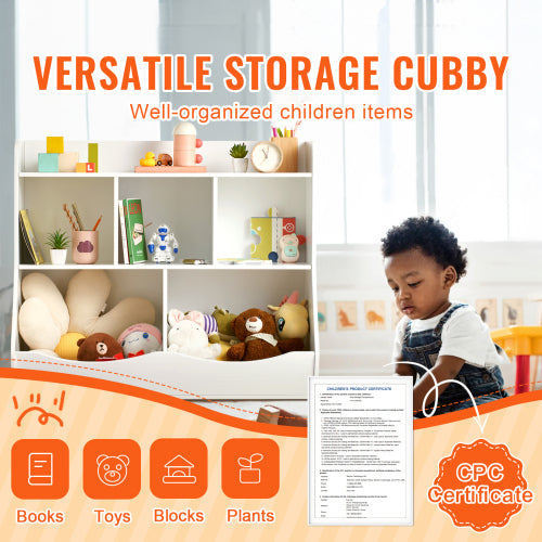 White 5-Cubby Wooden Kids Storage Cabinet Multi-Grid Toy Bookshelf Rounded Edge Safe Children Room Furniture