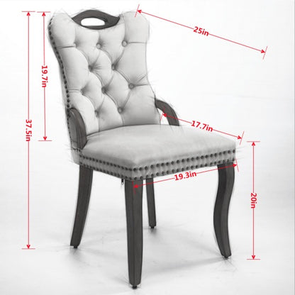 Set of 2 Beige Hand Tufted Velvet Dining Chairs, Solid Wood Handles Vintage Copper Nail Curved Wood Legs