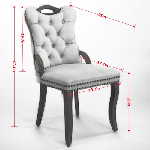 Set of 2 Gray Hand Tufted Velvet Dining Chairs, Solid Wood Handles Vintage Copper Nail Curved Wood Legs