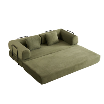 Green Corduroy Convertible Sleeper Sofa Bed with Cylindrical Pillow