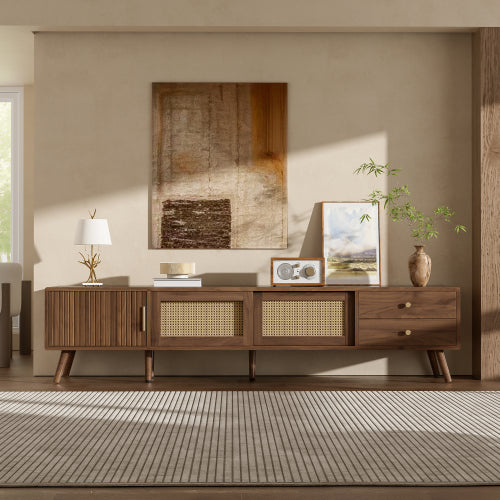 76.7 inch Natural Wood PE Rattan TV Stand Rubber Wood Leg Media Console Fits Up To 85 inch TV