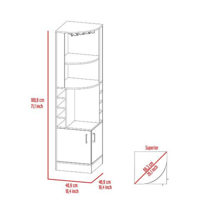Corner Bar Cabinet, Eight Bottle Cubbies, Double Door, Two Open Shelves -Smokey Oak