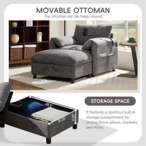 37 inch  Modern Cloud Chenille Armchair with Storage Ottoman, Charger & Phone Holder