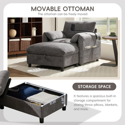 37 inch  Modern Cloud Chenille Armchair with Storage Ottoman, Charger & Phone Holder