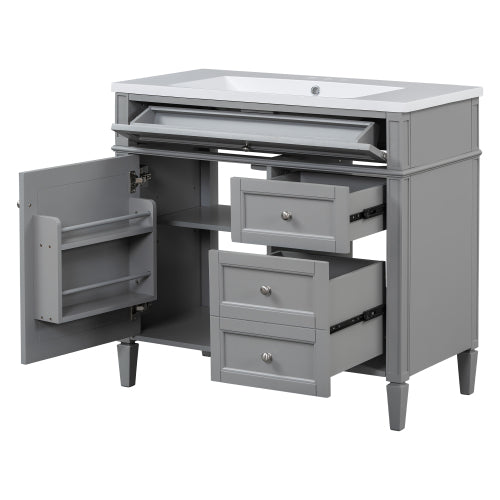 36'' Bathroom Vanity with Top Sink, Modern Bathroom Storage Cabinet with Mirror, 2 Drawers and a Tip-out Drawer, Mirror Cabinet with 6 Open Shelves, Single Sink Bathroom Vanity