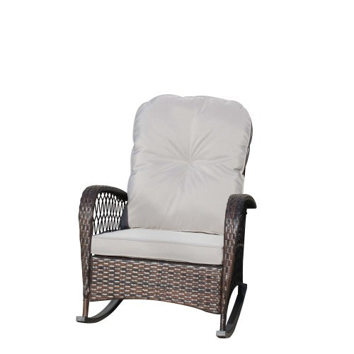 Outdoor Wicker Rocking Chair with Wide Seat, Thick, Soft Cushion, Rattan Rocker w/Steel Frame, High Weight Capacity for Patio, Garden, Backyard, Grey Cushion