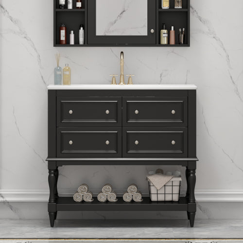 36" Bathroom Vanity Cabinet with Sink Combo Set, Undermount Ceramic Sink, Free Standing Vanity Set with 4 Drawers, Solid Wood Frame Bathroom Cabinet, Black