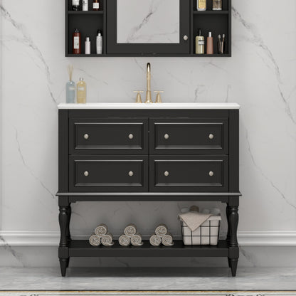 36" Bathroom Vanity Cabinet with Sink Combo Set, Undermount Ceramic Sink, Free Standing Vanity Set with 4 Drawers, Solid Wood Frame Bathroom Cabinet, Black