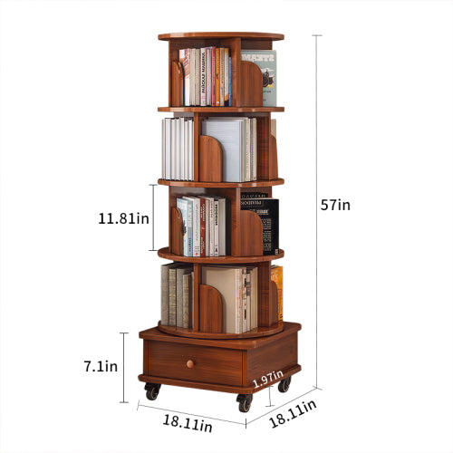 5-Tier Rotating Bookshelf with Drawer, 360¡ã Corner Bookcase, Walnut