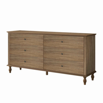 6 Drawer Double Wide Wood Dresser with Soft Close Slides & Burnt Wood Finish Brown