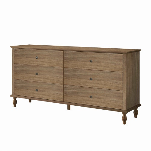 6 Drawer Double Wide Wood Dresser with Soft Close Slides & Burnt Wood Finish Brown