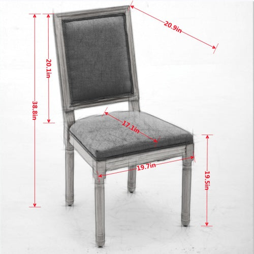 Set of 2 Gray French Louis Square Back Carved Solid Wood Dining Chairs, Antique Painted Frame 300 LBS Load