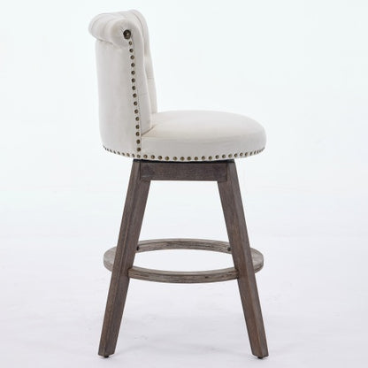 26inch Counter Height Bar Stools Set of 2, 360¡ã Swivel Stools with Back & Hand - Tufted Button - Trimmed Edges, Upholstered Velvet Kitchen Counter Stools on Wood Legs,Beige