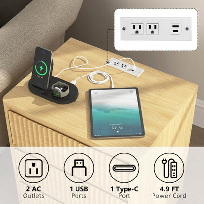 Natural Wood 3-Drawer Nightstand Set with USB-C Charger