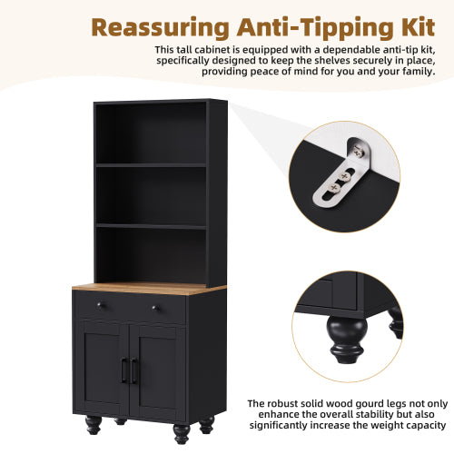 Black Farmhouse Tall Storage Cabinet With Gourd-Shaped Solid Wood Legs