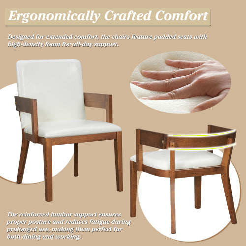 Set of 2 Modern Dining Chairs, Walnut Hardwood Frame with White Glossy PU Leather Upholstery