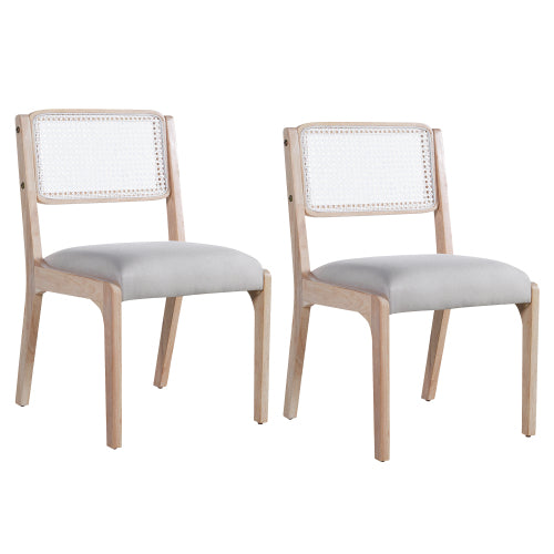 Set of 2 Beige Modern Farmhouse Linen Dining Chairs, Rattan Back Solid Rubberwood Padded Side Chairs