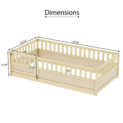Twin Size Floor bed, integral construction with super high security barrier, door, children's floor bed frame, Montessori wooden children's floor bed,Natural Wood