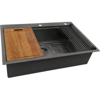 33 Inch Gunmetal Black Drop in Workstation kithchen Sink -33 "x 22" 16 Gauge Topmount Drop in Single Bowl Stainless Steel Kitchen Sink with Accessories