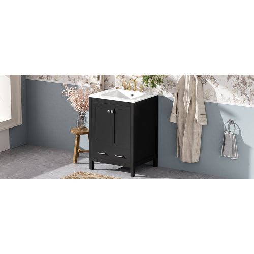 24-inch bathroom vanity with integrated undermount basin and a storage cabinet featuring 2 doors and 1 drawer. Includes double-layer door shelf, soft-close design, and versatile storage solutions