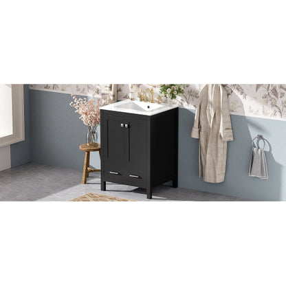 24-inch bathroom vanity with integrated undermount basin and a storage cabinet featuring 2 doors and 1 drawer. Includes double-layer door shelf, soft-close design, and versatile storage solutions