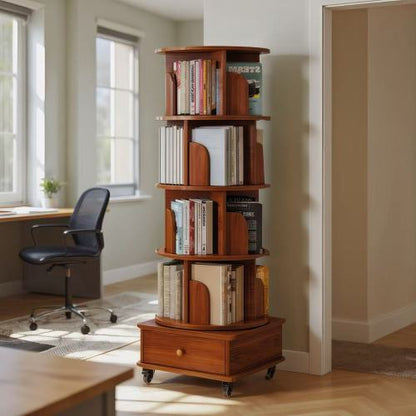 5-Tier Rotating Bookshelf with Drawer, 360¡ã Corner Bookcase, Walnut